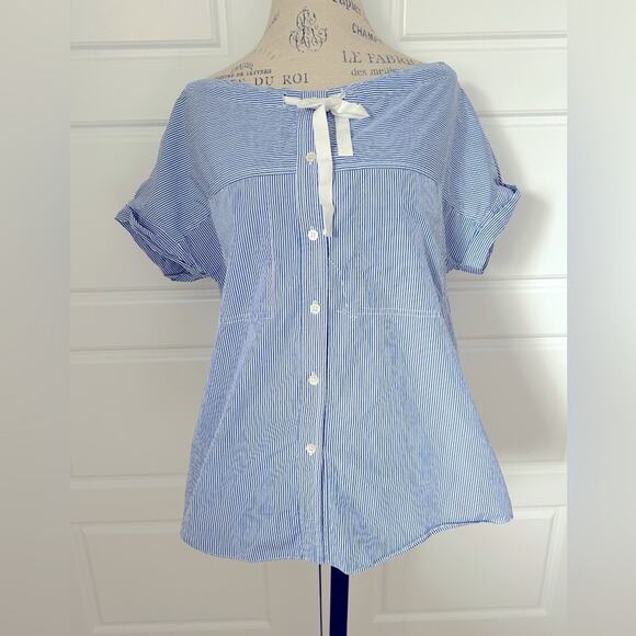Theory blue striped cotton tie front short sleeve blouse top size medium button - Picture 2 of 10